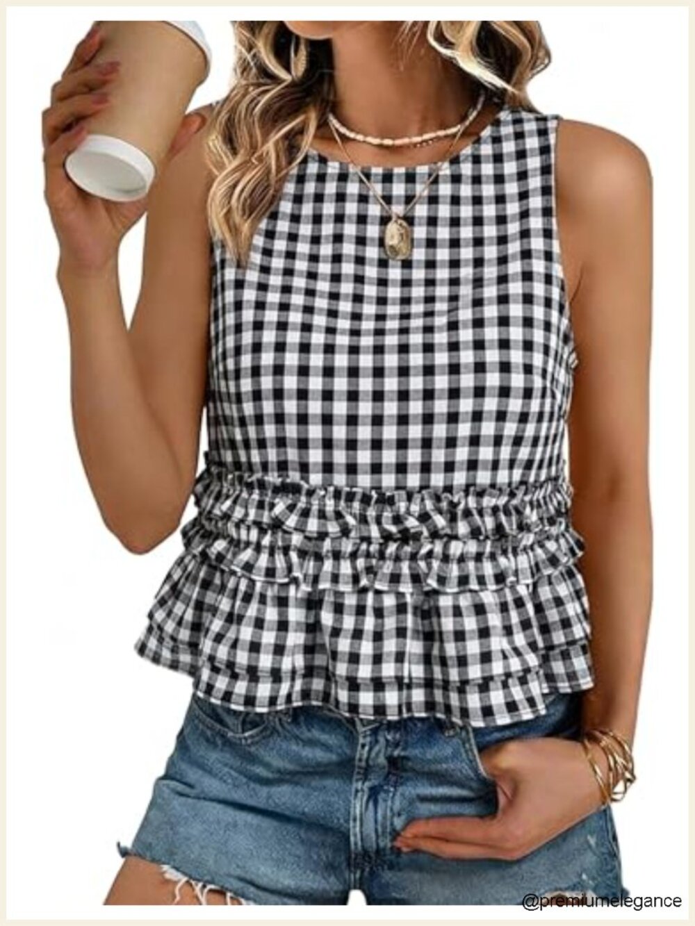 Gingham Sleeveless Tank Top Tie Back Ruffle Crop Blouse